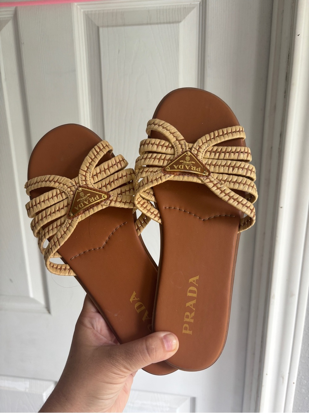 Prada Tan Braided Raffia Slide Sandals with Gold Logo